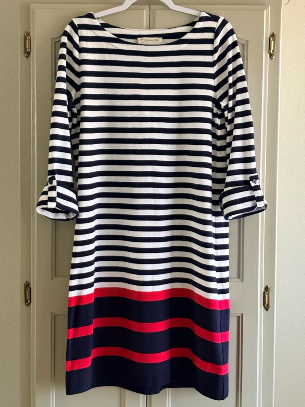 JONES NEW YORK SPORT Nautical Cotton Striped Knit Dress | White Navy Red |Large